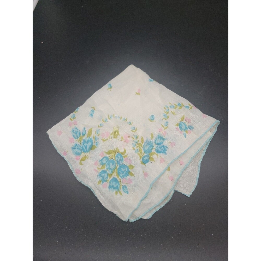 Vintage Blue, Pink And White Flower Sheer Hankerchief Blue Edge Pretty Lace